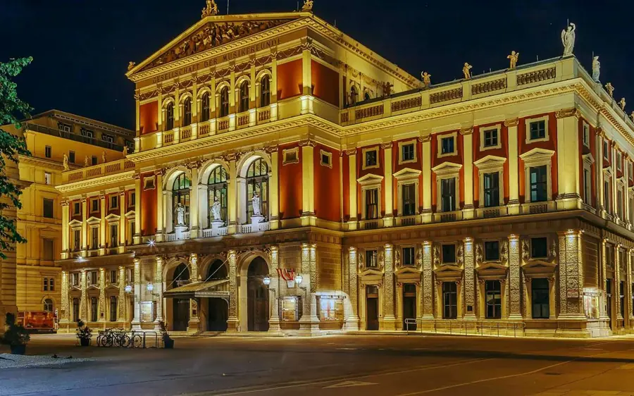 The Musikverein building lit up at night