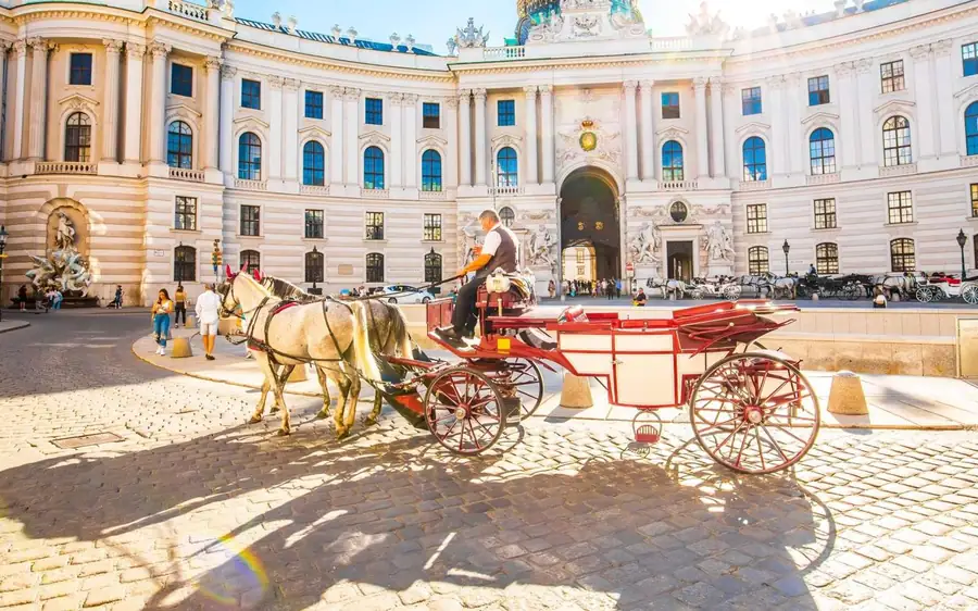 A fiaker carriage in front of the curved façade of the Hofburg